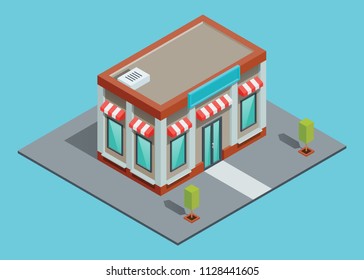 Vector illustration of Isometric Shop building. Concept Shopping. 3D design elements for construction of urban and village landscapes.