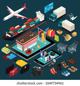 A vector illustration of Isometric of Shopping and Shipping