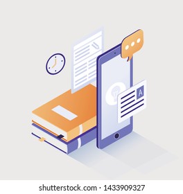 Vector illustration of isometric smartphone and books in three-dimensional space. Educational concept.