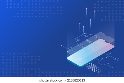 vector illustration with isometric smartphone on blue background