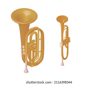 vector illustration in isometric style on the theme of music, musical instruments, art: wind instrument, trumpet and tuba