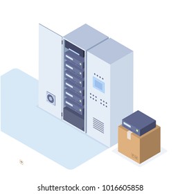 Ilustración vectorial en estilo isométrico de los gabinetes de un servidor y una caja con servidores Nuevos