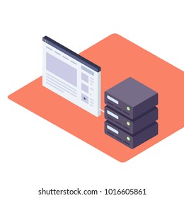 Vector Illustration in Isometric Style of a Web Server and Browser with a Website.
