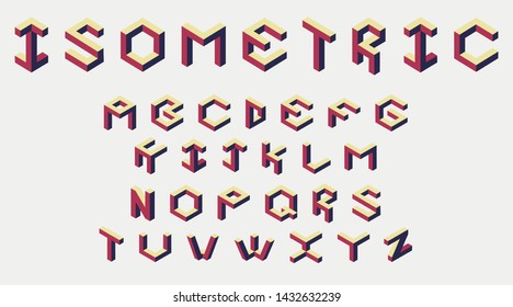 Vector illustration of isometric, stylized, colorful font on white in three-dimensional space.