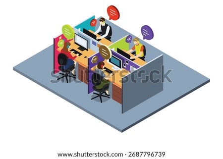 A vector illustration of Isometric of a Support Call Center