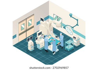 Una Ilustración vectorial de la sala de cirugía isométrica en el hospital 
