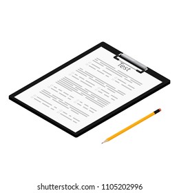Vector illustration isometric test, exam paper on clipboard and pencil. Exam, or survey concept icon. School test. School exam.