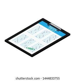 Vector illustration isometric test, exam paper on clipboard. Exam, or survey concept icon. School test. School exam.