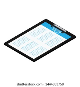 Vector illustration isometric test, exam paper on clipboard. Exam, or survey concept icon. School test. School exam.