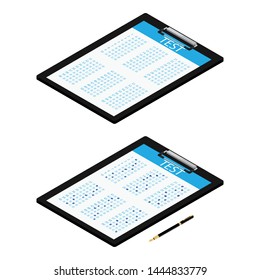 Vector illustration isometric test, exam paper on clipboard and fountain pen. Exam, or survey concept icon. School test. School exam.