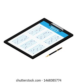 Vector illustration isometric test, exam paper on clipboard and fountain pen. Exam, or survey concept icon. School test. School exam.