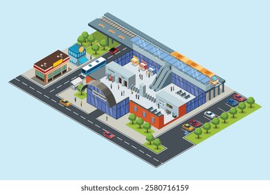 A vector illustration of Isometric Train Station Public Transportation