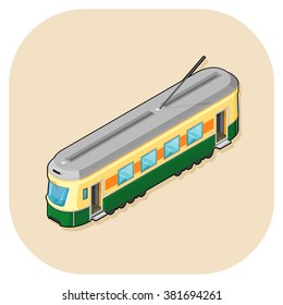 Vector illustration of an isometric tram icon. 
Isometric passenger tram transportation.
Web Internet Icon symbol for urban transport.