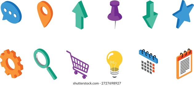 Vector illustration of isometric UI icon set with communication, search, settings, shopping, and digital function design elements