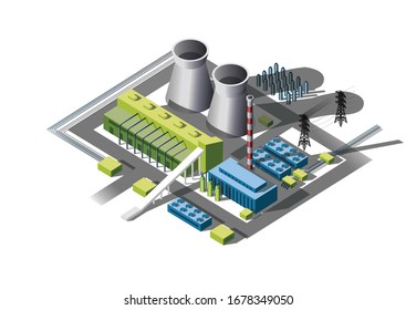 Vector illustration isometric view of a nuclear power plant