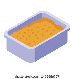 Vector illustration of an isometric view of a purple cat litter box filled with sand