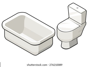 Vector illustration of isometric view of toilette bowl and bath. Contrast grey outline. Can be used as icon for games and mobile apps, or advertisement of plumbing store.