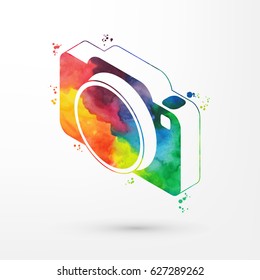 Vector illustration of isometric watercolor camera icon, rainbow paints.