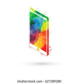 Vector illustration of isometric watercolor smartphone, rainbow paints. Modern smart phone.