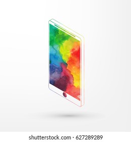 Vector illustration of isometric watercolor smartphone, rainbow paints. Modern smart phone.