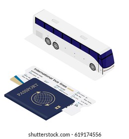 Vector illustration isometric white bus, passport and ticket. Road vehicle. City bus isometric projection icon. Public transport. For game environment, traffic infographics, logo, web design.