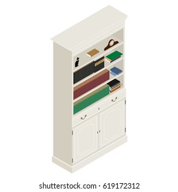 Vector illustration isometric white vintage cabinet. Retro interior furniture. Bookshelf