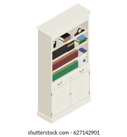 Vector illustration isometric white vintage cabinet. Retro interior furniture. Bookshelf