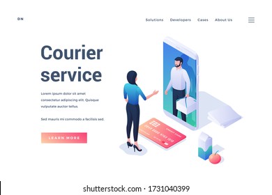 Vector illustration of isometric woman communicating with delivery man through smartphone app near link and description on website banner for courier service