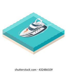 Vector illustration of isometric yacht and beautiful woman resting on it. Summer vacation.