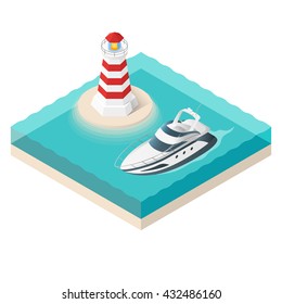Vector illustration of isometric yacht and a lighthouse on tropical island. Summer vacation.