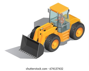 Vector illustration, isometric, yellow bulldozer tractor, construction machine, bulldozer