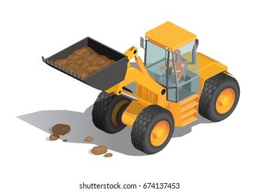 Vector Illustration, Isometric, Yellow Bulldozer Tractor, Construction Machine, Bulldozer