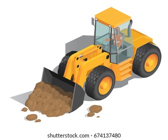 Vector illustration, isometric, yellow bulldozer tractor, construction machine, bulldozer