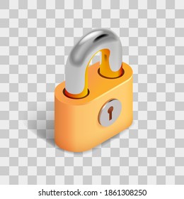 
Vector illustration of Isometric yellow Padlock on transparent background. Online security symbol,  usable for web site design, logo, app, UI, posters. Eps10.