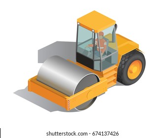 Vector illustration, isometric, yellow road roller, road laying, road works.