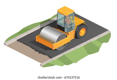 Vector illustration, isometric, yellow road roller, road laying, road works.