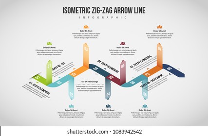 Vector illustration of Isometric Zig-Zag Arrow Line Infographic design element.