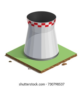 Vector illustration of isometry, cooling tower, hydro power station, factory, infographic, website icon, 3d. Energy production. Pipe, steam.