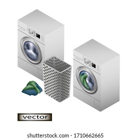Vector illustration isometry household appliances washing machine Laundry basket Laundry equipment 3D