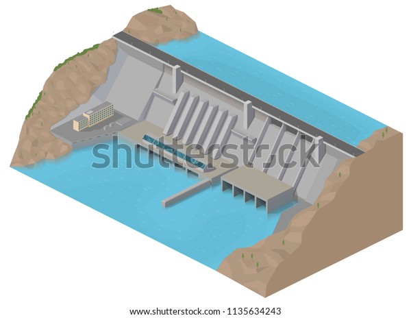 ベクターイラストのアイソメトリ法 水力発電所 エネルギー 緑のエネルギー 生態 青い川 水関 湖 のベクター画像素材 ロイヤリティフリー