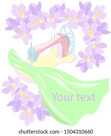 Vector illustration in isometry with old pink sewing machine on flowers background. In the foreground - a piece of cloth with space for text.