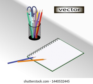vector illustration of isometry stationery beautifully placed on the table notebook and pencils