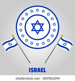 Vector illustration of Israel flag and round symbol with star. Can be used as flag banner, poster, brochure, religious card, background, and icon. 