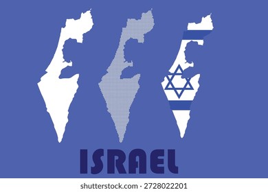 Ilustração vetorial dos ícones do mapa de Israel em sólido, preenchimento de bandeira e estilos pontilhados em um fundo azul, simbolizando identidade nacional e orgulho.