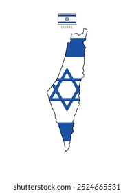 Vector illustration of Israel map overlaid with the national flag, highlighting the country's geographic outline combined with its national colors.