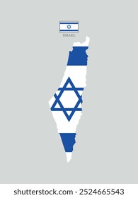 Vector illustration of Israel map overlaid with the national flag, highlighting the country's geographic outline combined with its national colors.