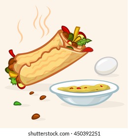 Vector Illustration Of Israel Street Falafel Roll, Plate With Hummus And Egg. Street Food Icons 