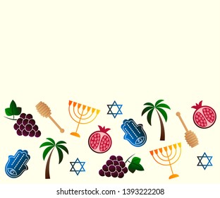 Vector illustration for Israel symbol icons. Hamsa, Menorah, Pomegranate, Grape, Honey spoon, Palm tree. Jewish illustration, set of design elements for banner, card, poster. Vector EPS 10.