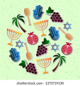 Vector illustration for Israel, symbols of Israel. Israel symbols set of design elements. Hamsa, Menorah, Pomegranate, Grape, Honey spoon, Palm tree vector icons