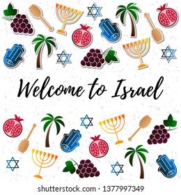 Vector illustration for Israel, symbols of Israel. Israel symbols set of design elements. Hamsa, Menorah, Pomegranate, Grape, Honey spoon, Palm tree vector icons